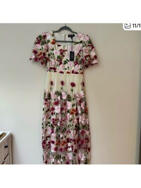 Floral Embroidered Tulle Midi Dress - Pink & Green